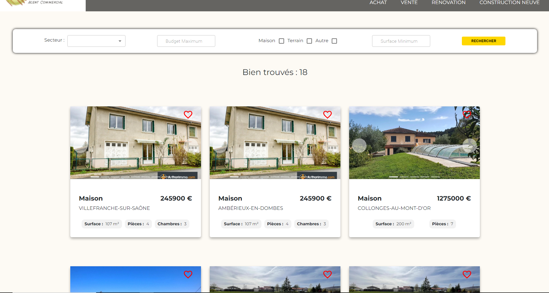 Lisiting des biens immobiliers et système de recherche du site Chapron-Immo, parmi les création de WDS Agency