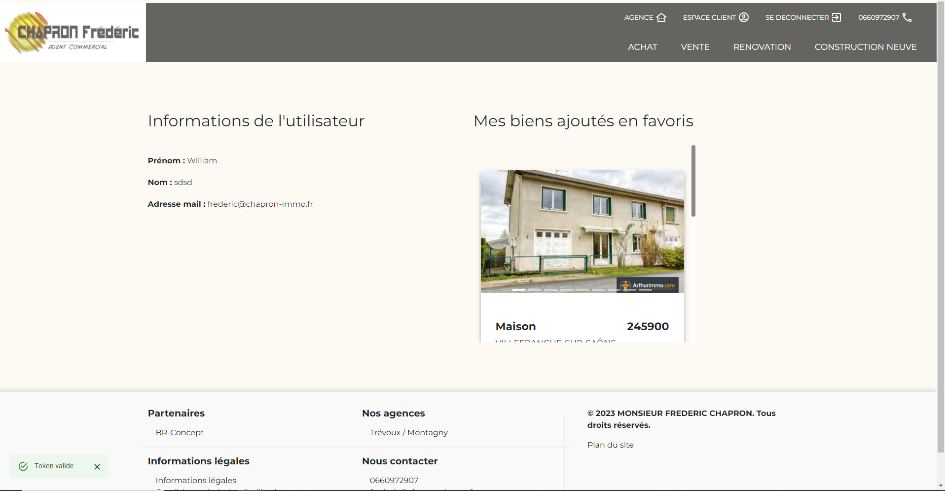 Page profil avec les propriétés favoris et informations personelles du site Chapron-Immo, parmi les création de WDS Agency