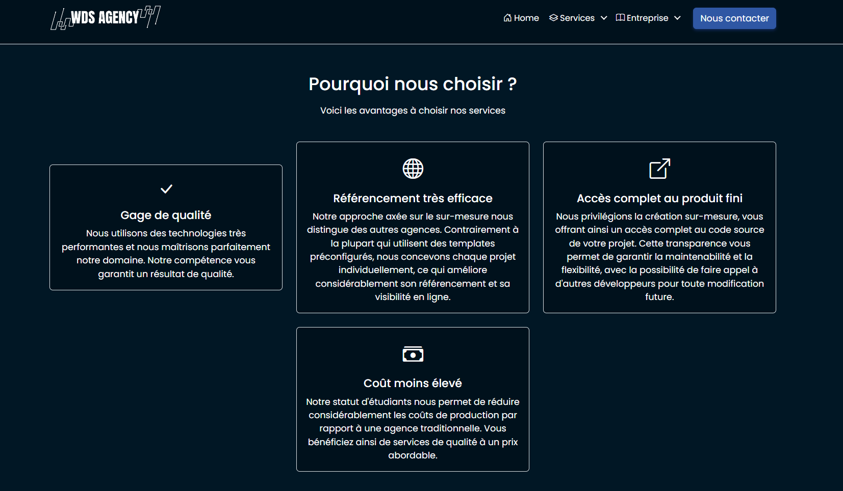 Milieu de page d'accueil du site WDS Agency de nos créations, Agence Web Developement Services, Web Developement Services Agency